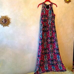 Colorful full length halter dress w/ leg slit,elastic waist, zip up neck closure